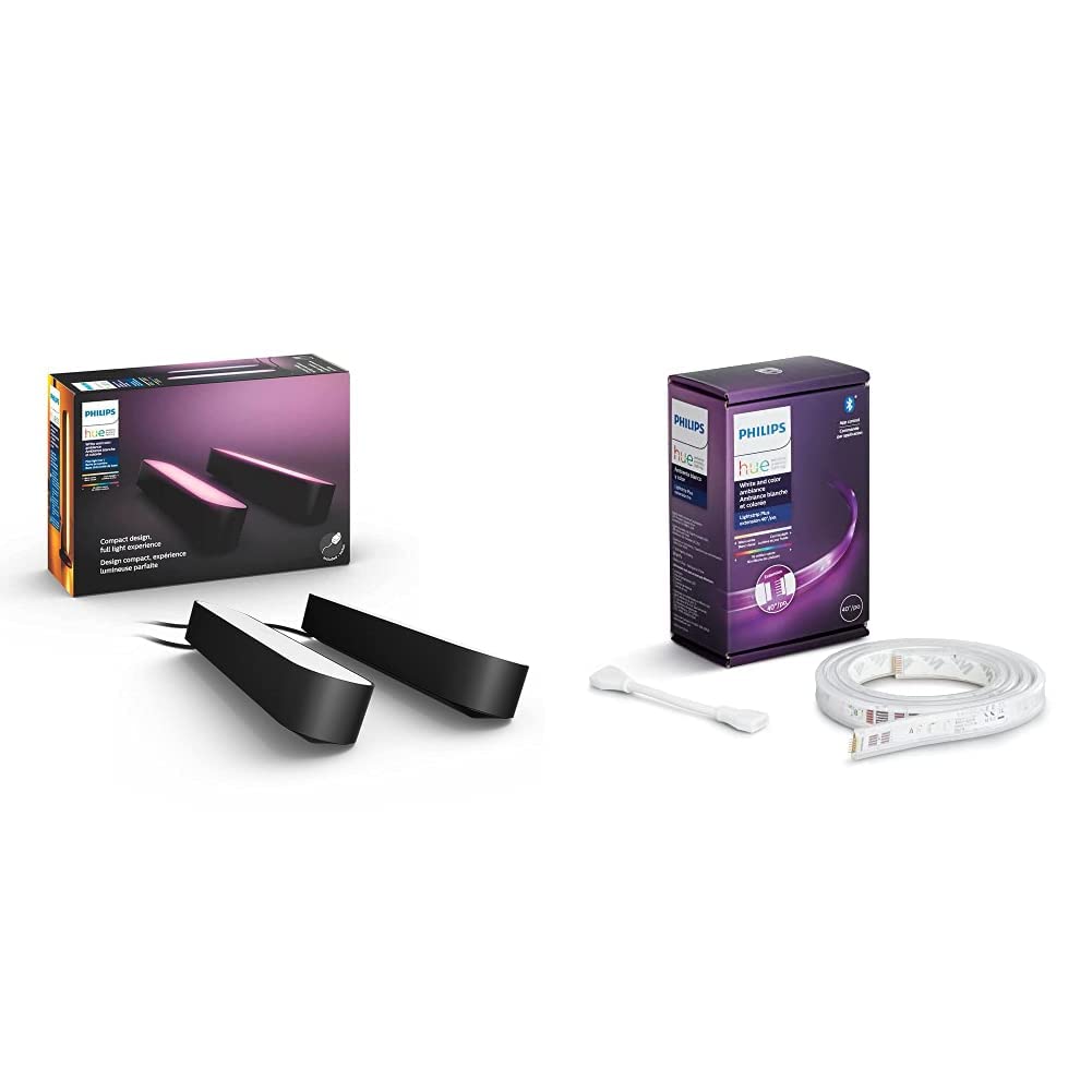 Philips Hue 78202/30/U7 Play White & Color Ambiance Paquete doble de barra de luz + Extensión Tira de Luz Interior White & Color Ambiance 1m Versión Lightstrip Plus V4 con Bluetooth y Zigbee