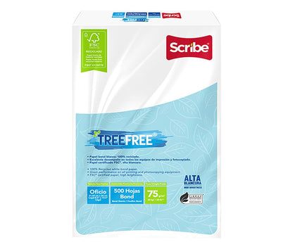 Scribe, Tree Free®, Papel Bond, Tamaño Oficio, 75 g/m², Paquete 500 hojas, Color Blanco