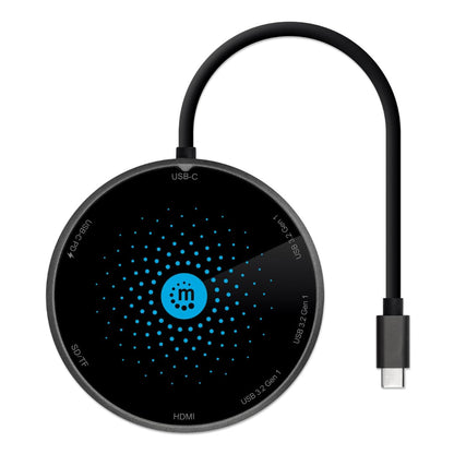 Manhattan 166560 Docking USB-C con Base de Carga inalámbrica, Cable con USB-C Macho a Base Docking con un Puerto HDMI, un Puerto USB-C Hembra PD, 3 Puertos USB-A, Lector de Tarjetas