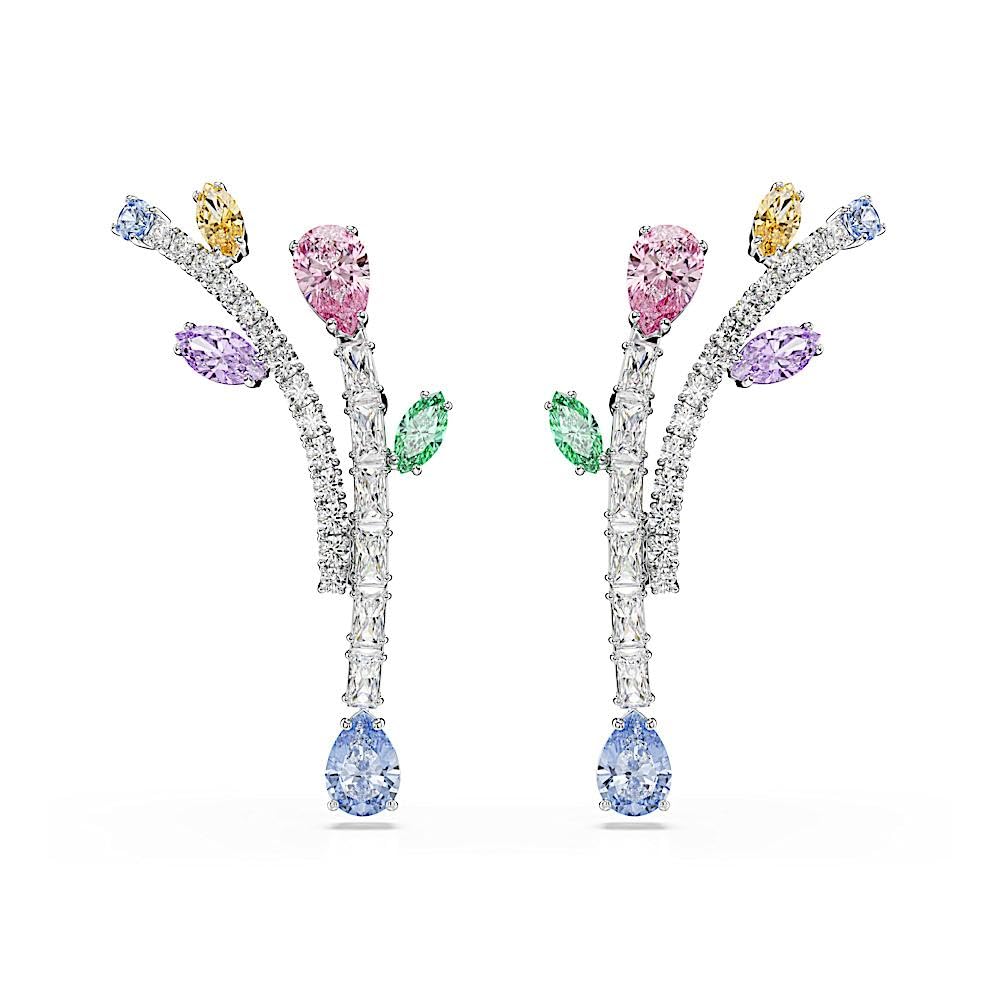 Swarovski x Ariana Grande Jewelry Collection: Collar, arete, orejeras, piedras multicolores de corte mixto, acabado rodio