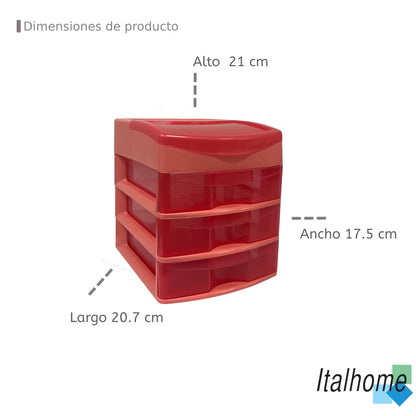 Italhome Cajonera de Plástico Sesia Salmon, Mini Organizador de Escritorio Multiusos con 3 Cajones Transparentes