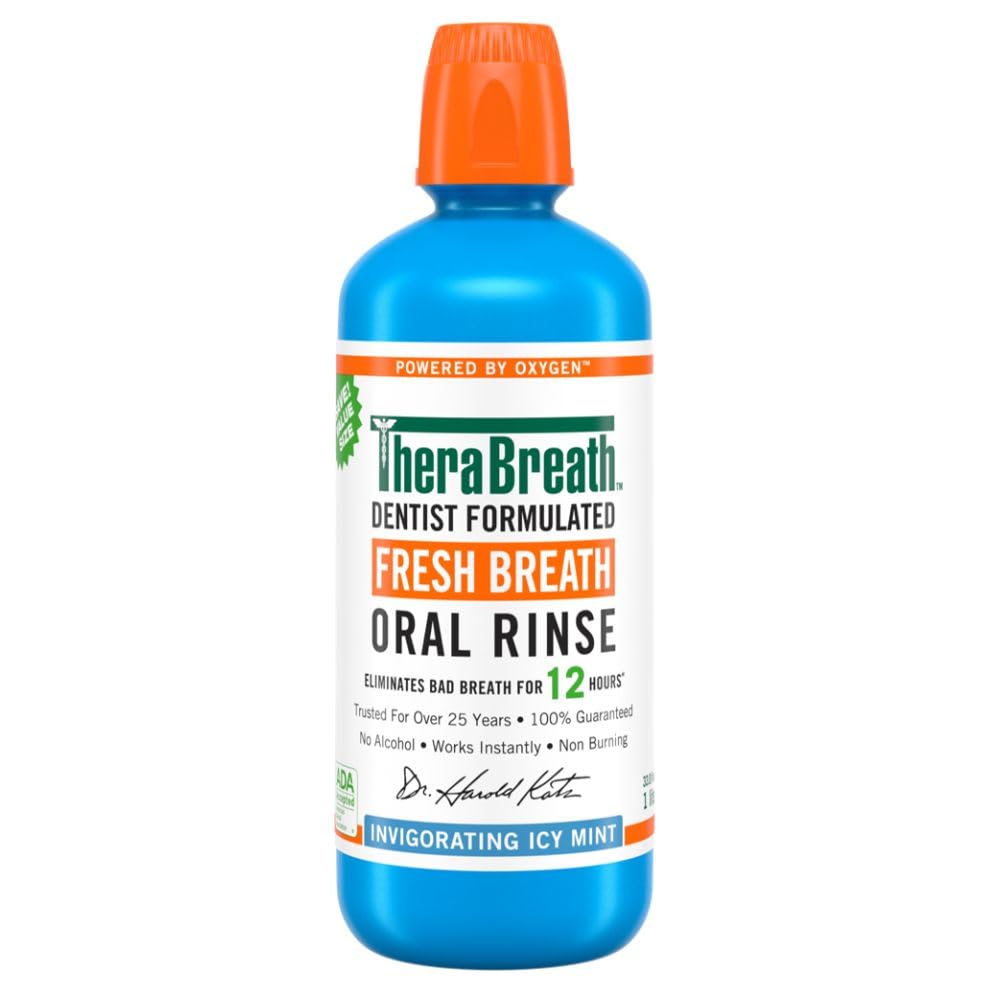 TheraBreath Enjuague Bucal sin Alcohol, Menta Fresca 1 L. | Combate el Mal Aliento por 12 Horas. Sin Sabores ni Colorantes Artificiales, Sin Ardor. Ahora Rinde Más.