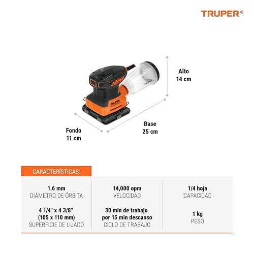 Truper LIOR-1/4A3, Lijadora orbital 1/4 hoja 240 W profesional