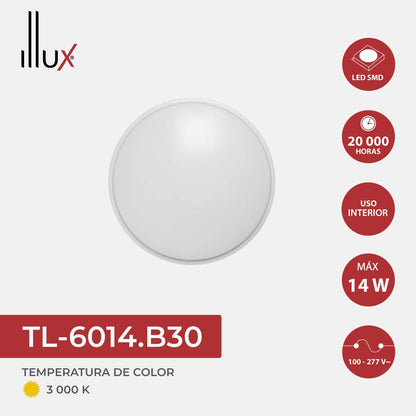 ILLUX Lámpara de sobreponer techo, LED, luz cálida (3000K), chico, 14W, anti-deslumbramiento, para cocina, garajes, escaleras, despensas. Illux – TL-6014.B30