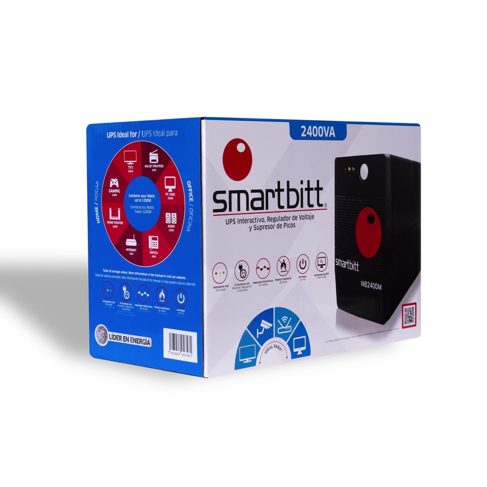 Smartbitt No Break Interactivo de 2400 VA / 1200 W con 8 Contactos, Negro, SBNB2400M