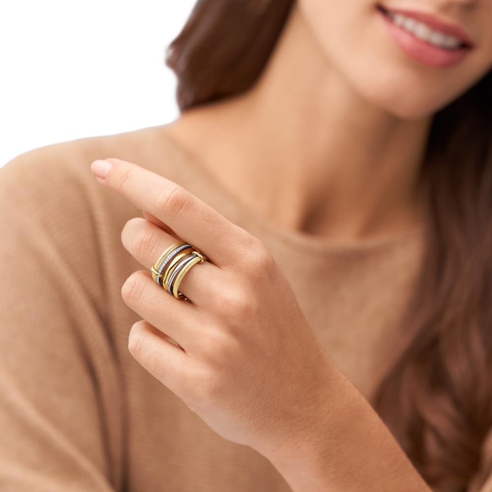 Anillo apilado Fossil Harlow JF04592998 de acero inoxidable de color dorado y plateado para dama, talla 7