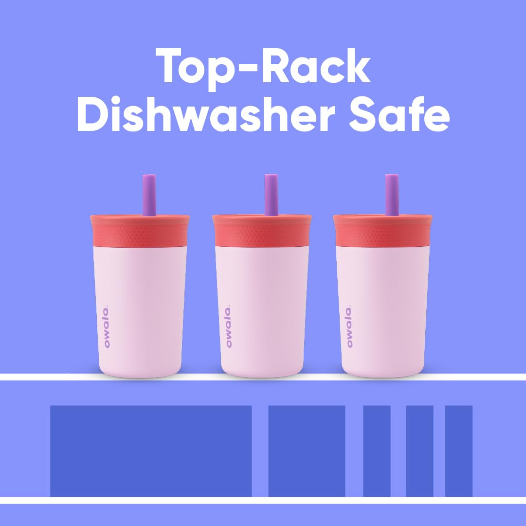 Owala - Vaso aislante de acero inoxidable para niños, con popote flexible resistente a derrames, fácil de limpiar, botella de agua para niños, ideal para viajes, apto para lavaplatos, 12 onzas, rosa y morado (cohete lila)