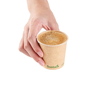 Restaurantware Sustain - Tazas calientes de 4 onzas, 50 tazas de café de una sola pared, tapas se venden por separado, revestimiento de PLA a prueba de fugas, taza de papel kraft compostable, tolera