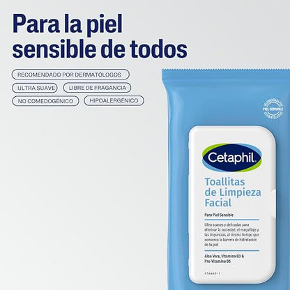 Cetaphil Toallitas de Limpieza Facial Ultra Suaves Piel Sensible 25 Toallas | Eliminan suciedad, maquillaje e impurezas sin resecar, con aloe vera, niacinamida y pantenol para todo tipo de piel sensible.