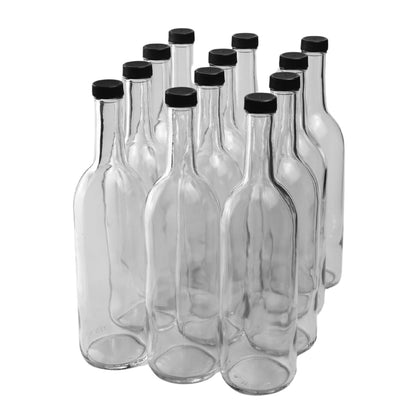 FastRack - Botellas de vino de color burdeos transparentes de 750 ml (paquete de 12) acabado con rosca superior con 12 tapas de plástico negro | Botellas de vidrio de fondo plano W5 ideales para