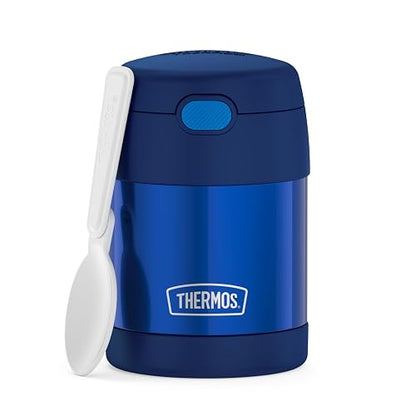 THERMOS FUNTAINER - Tarro de acero inoxidable aislado al aspiradora para niños con cuchara plegable, color azul marino