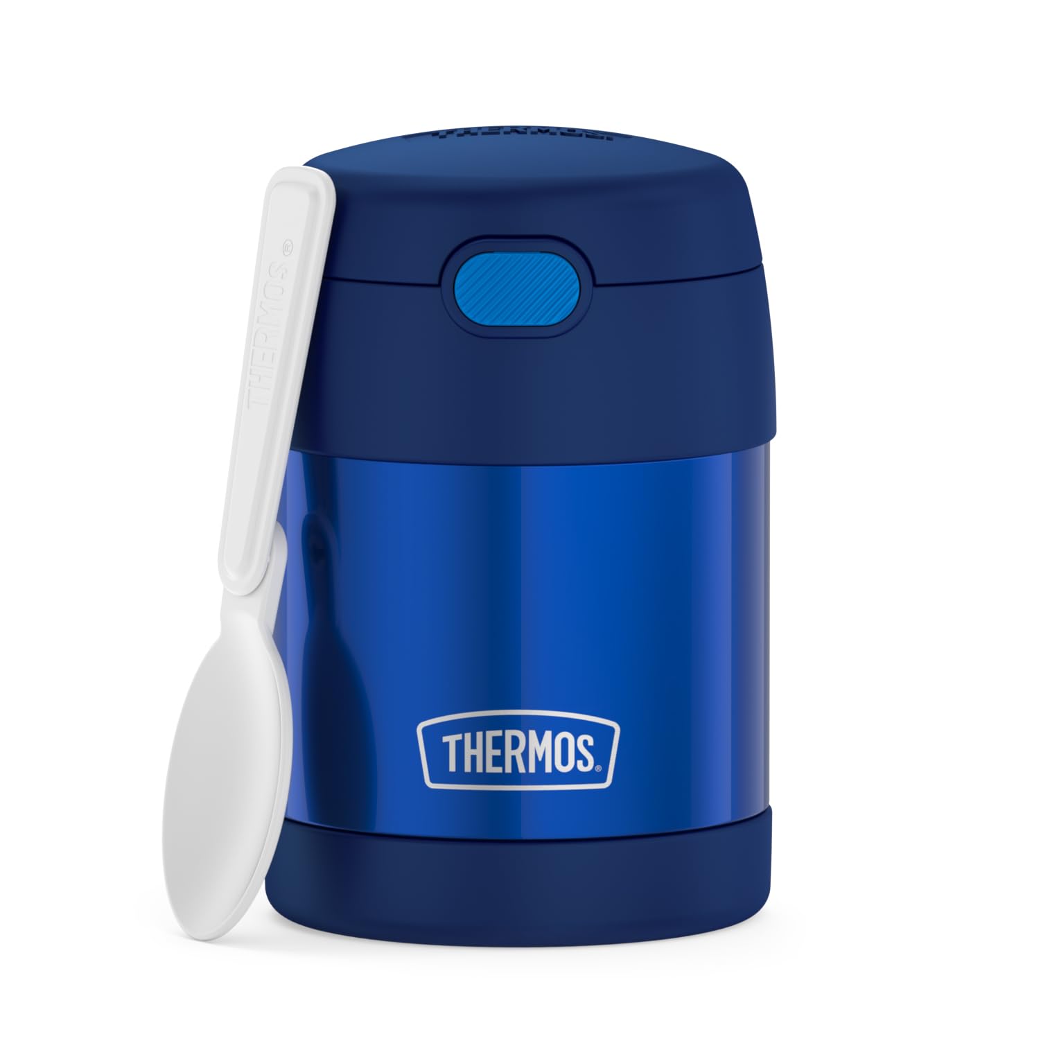 THERMOS FUNTAINER - Tarro de acero inoxidable aislado al aspiradora para niños con cuchara plegable, color azul marino