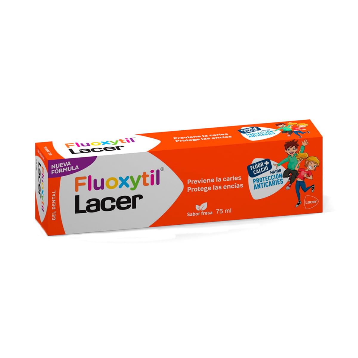 Lacer Fluoxytil Gel Dental Infantil, Flúor y Calcio, Previene Caries, Protege Encías, Sabor Fresa, 75 ml