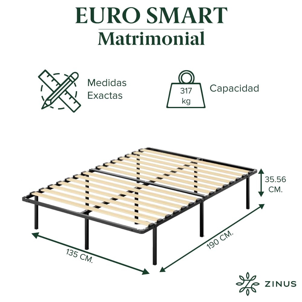 Zinus Euro Smart | Base de Cama Matrimonial de Metal con Espacio de Almacenamiento | Fácil de Armar y con 5 años de Garantía
