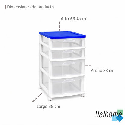 Italhome Cajonera De Plástico, Cajonera Organizador Multiusos Con 4 Cajones Grandes Transparentes Tor