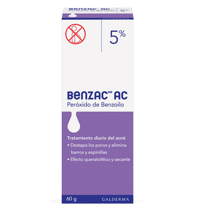 Benzac AC 5% Gel Peróxido de Benzoílo Para Acné Barros Espinillas Piel 60 g | Con peróxido de benzoílo 5% y tecnología AC; auxiliar en acné, ayuda a reducir grasa, barros, espinillas y poros tapados.