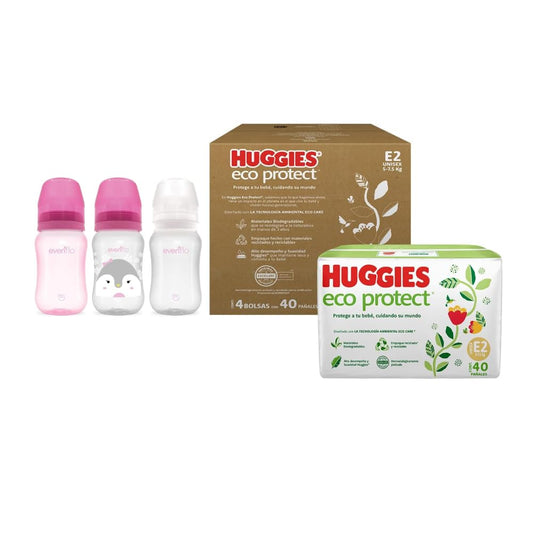 Huggies Eco Protect Pañal Desechable Unisex E2 160 Pañales Desechables + Evenflo Biberón Forest Anticólicos Cuello Ancho Niña Color Rosa Flujo Medio 9oz 3 pzs