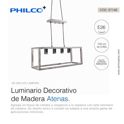 Philco Luminario Decorativo de Madera Atenas. 4 bases E26, base de suspensión de madera, terminado en color negro, diselo único que transmite calidez