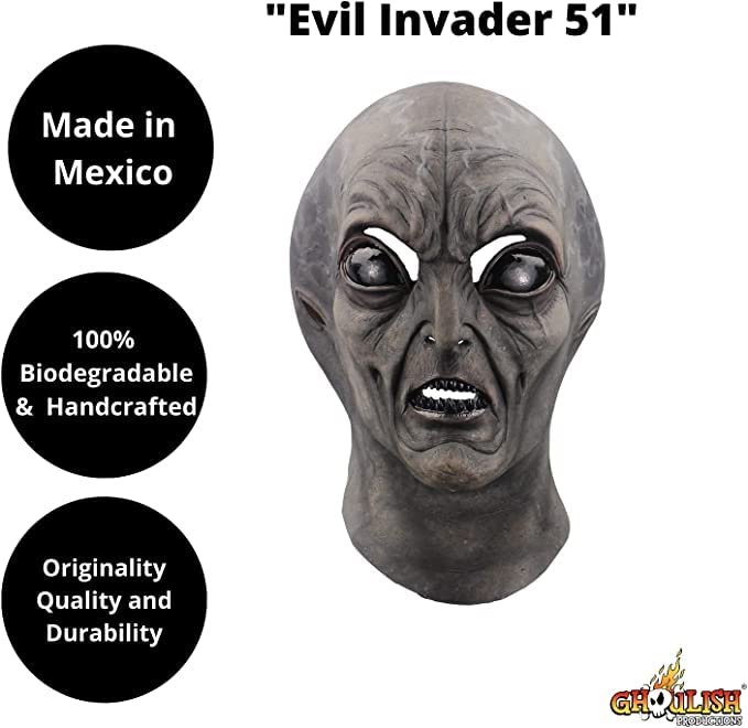 Evil Invader 51, Máscara de Alien Gris del Área 51, Disfraz de Marciano Alienígena Ideal para Halloween y Fiestas de Disfraces