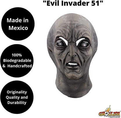 Evil Invader 51, Máscara de Alien Gris del Área 51, Disfraz de Marciano Alienígena Ideal para Halloween y Fiestas de Disfraces