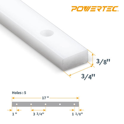 POWERTEC 71793 Barra de inglete HDPE de 3/4" x 3/8" x 17" para trineo de corte transversal, trineo de sierra de mesa, plantillas, accesorios y ranuras de inglete de 3/4" x 3/8", con tornillos de mont