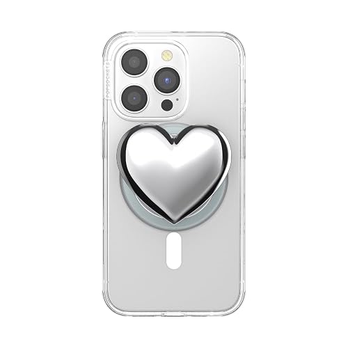 PopSockets - Empuñadura para teléfono MagSafe con Soporte, Soporte magnético, Parte Superior Intercambiable, sujeción Segura para iPhone MagSafe, teléfono y Tablet, corazón Plateado esmaltado