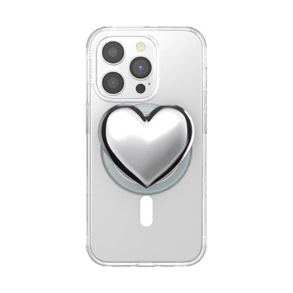PopSockets - Empuñadura para teléfono MagSafe con Soporte, Soporte magnético, Parte Superior Intercambiable, sujeción Segura para iPhone MagSafe, teléfono y Tablet, corazón Plateado esmaltado
