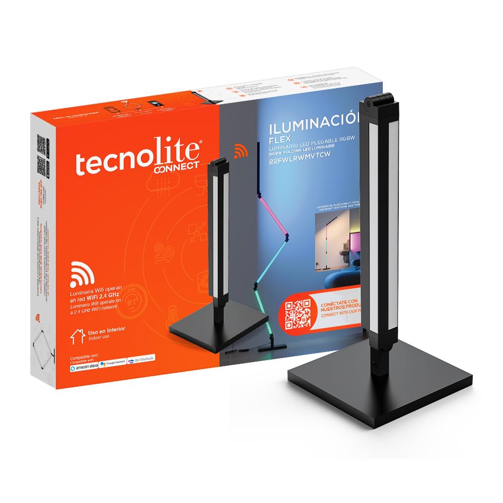 Tecnolite Connect - Lámpara de Pie/Pared Plegable Inteligente WiFi 22 W, Luz RGB + Blanca, Personalizable, Detección de sonido, Compatible con App móvil, Alexa, Google y Siri, Lámpara Interior