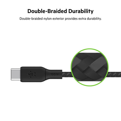Belkin cable USB tipo C a USB-C, Power Delivery de 100 W, cable USB C con certificación USB-IF 2.0 con exterior de nailon y doble trenzado para iPhone 15, iPad Pro, MacBook, Galaxy y otros, 3 m, negro