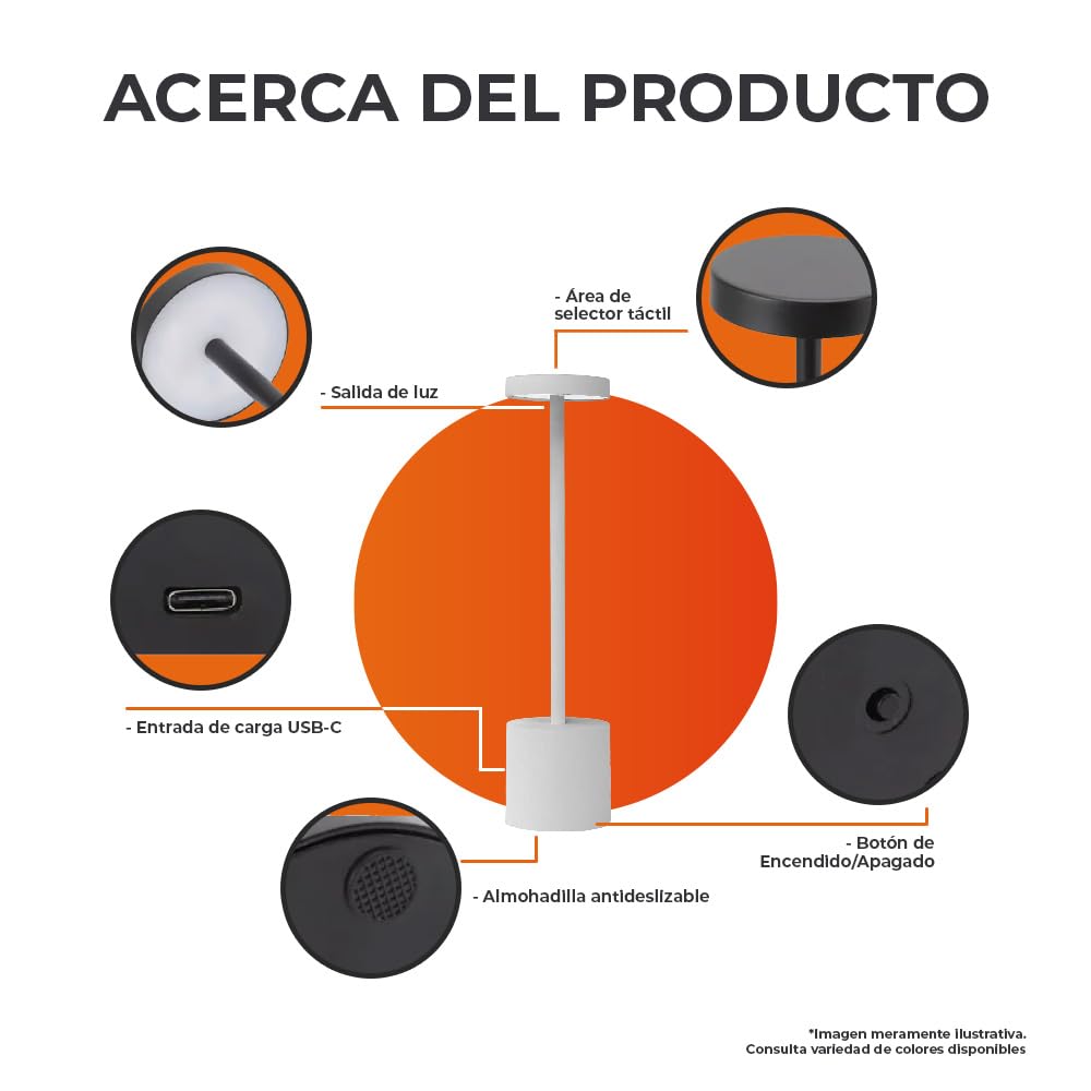 Tecnolite - Lámpara de Mesa LED 3 W Portátil, Recargable, Luz Blanca Ajustable y Atenuable Táctil, Lámpara Interior para Restaurante