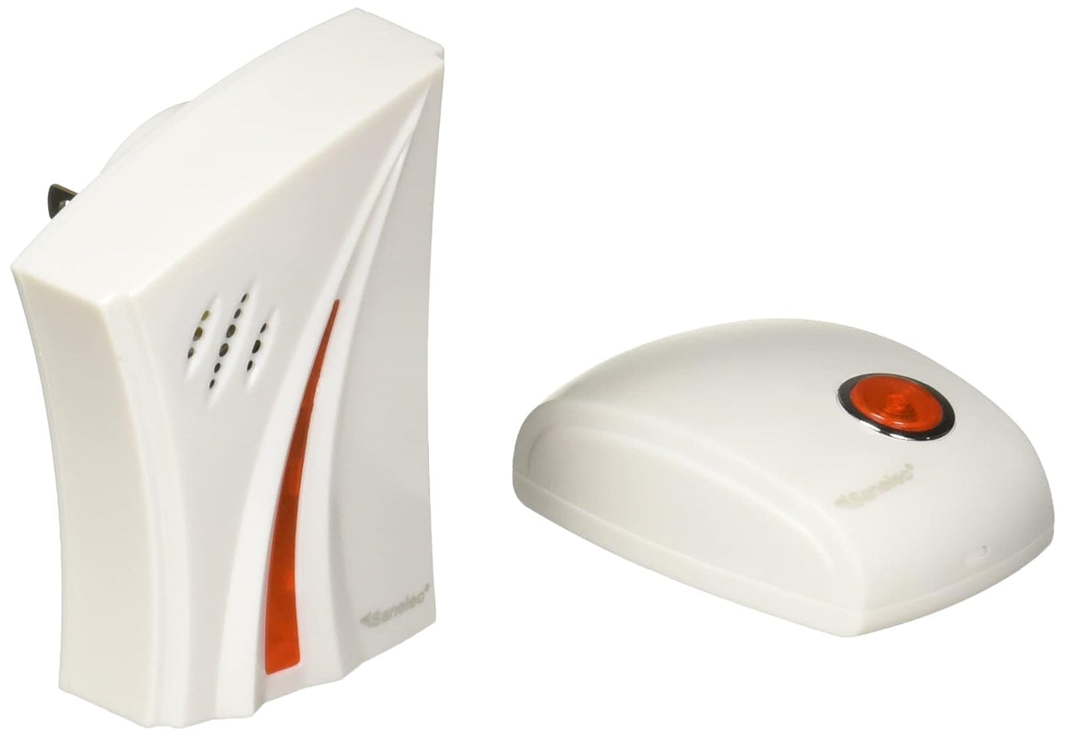 SANELEC, Timbre Inalámbrico con Clavija, Botón Transmisor a Prueba de Agua, Control de Volumen, Modelo 2635