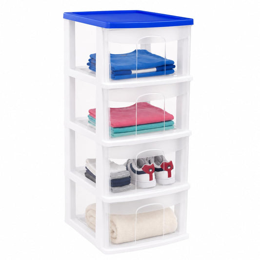 Italhome Cajonera FOX 4 de Plástico 4 Cajones Transparentes, Organizador Multiusos para Hogar y Oficina, Mueble Ligero Resistente, Fácil Limpieza, Color Azul