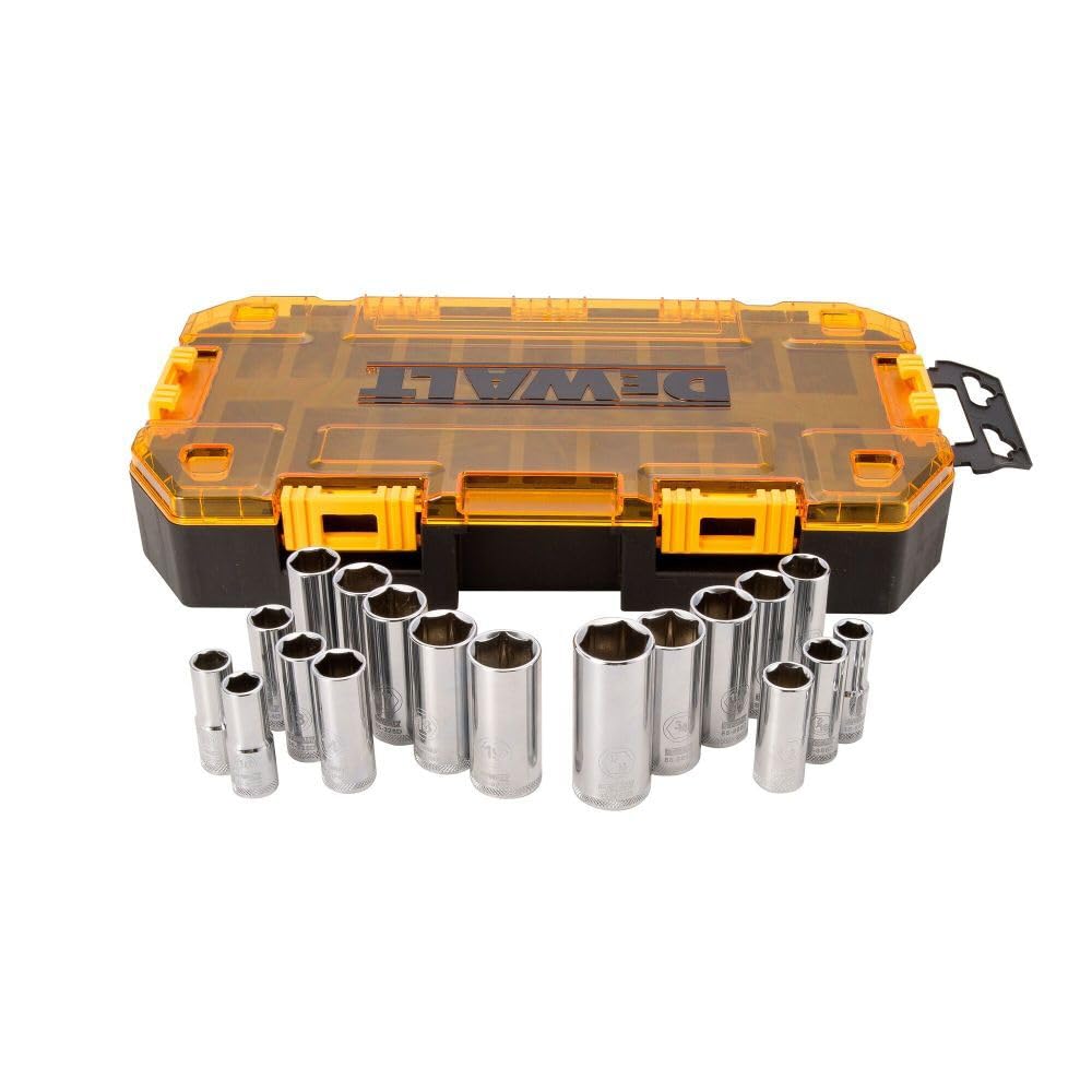 DEWALT DWMT73806 Kit de Casquillos 3/8 Pulgadas con Caja Rígida - juego de enchufe profundo, 20 piezas