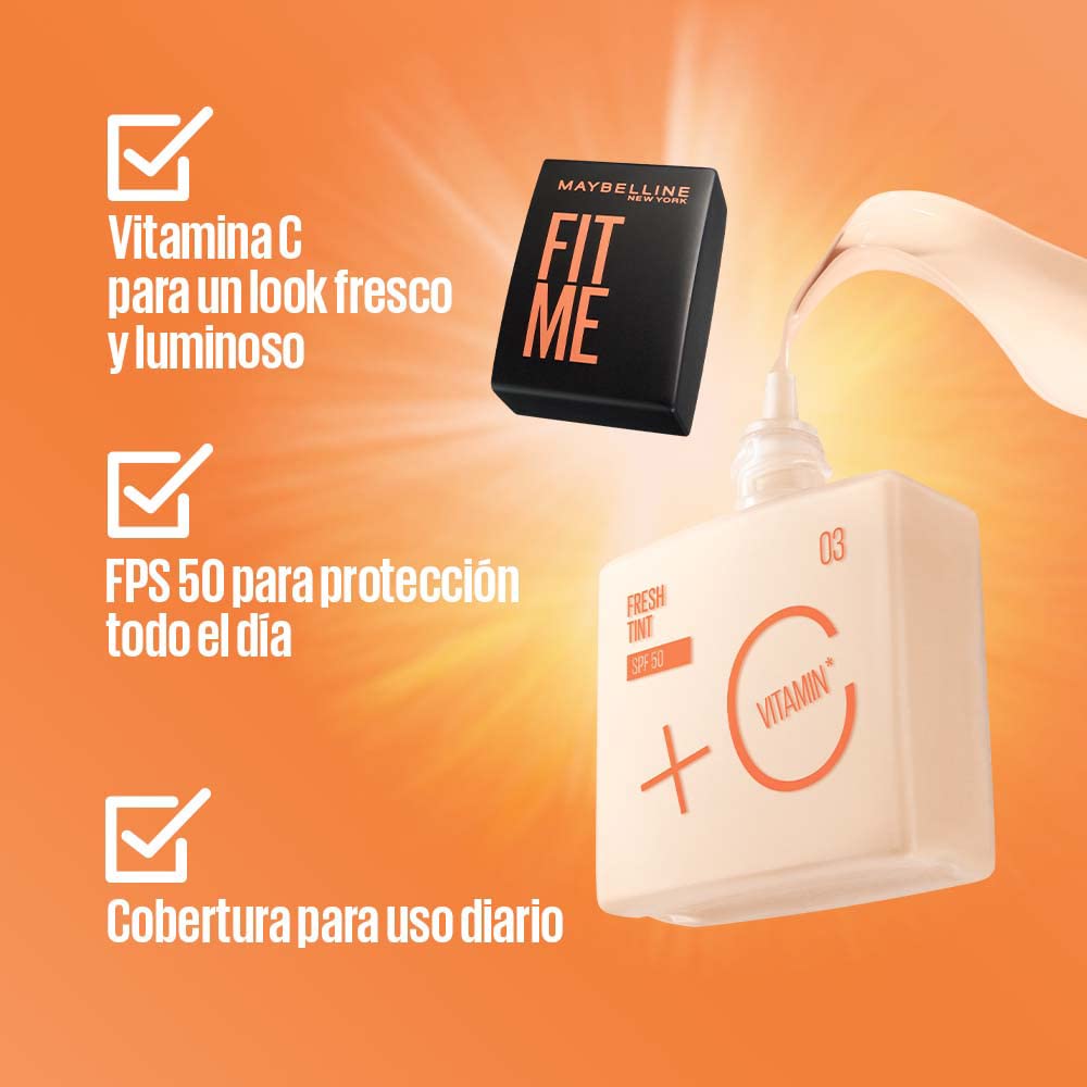 Maybelline Base de maquillaje Fit Me Fresh Tint 07, 30 ml, larga duración, alta cobertura, para todo tipo de piel, fórmula con Vitamina C y protector solar FPS50