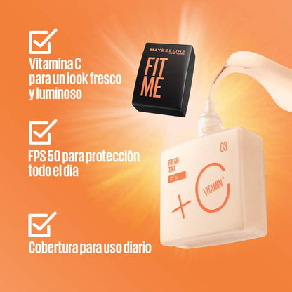 Maybelline Base de maquillaje Fit Me Fresh Tint 07, 30 ml, larga duración, alta cobertura, para todo tipo de piel, fórmula con Vitamina C y protector solar FPS50