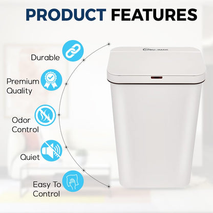 SIMPLI-MAGIC 79502 Bote de basura con sensor sin contacto de 13 galones, cubeta de basura rectangular, perfecto para el hogar, cocina, oficina, color blanco