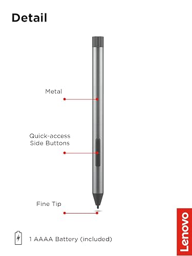 Lenovo Bolígrafo Digital 2 (portátil) – Respuesta Ultra táctil – 4.096 Niveles de presión – Punta de elastómero de Tacto Natural – Duración extendida de la batería – Plata