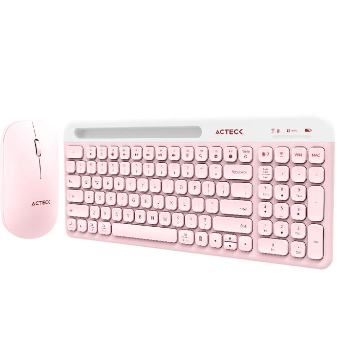 Acteck Virtuos Silk MK720 Combo 2 en 1 Teclado y Mouse Inalámbrico, Multidispositivo, 2.4 GHz + Bluetooth, 4000 dpi, Recargable (Rosa)