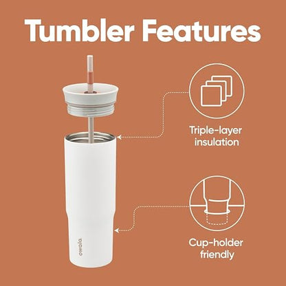 Owala - Vaso térmico de viaje de acero inoxidable de triple capa con tapa antiderrame y popote, libre de BPA, 710 ml, gris/blanco (Iced Tea)