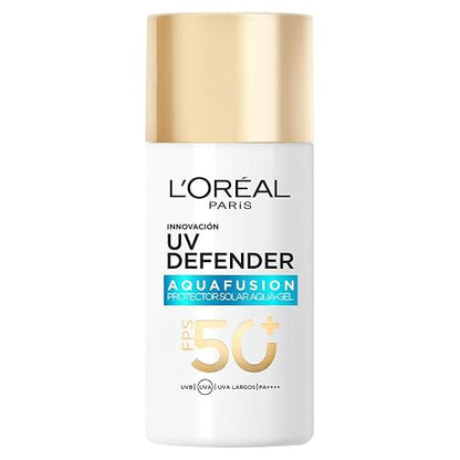 L'Oréal Paris UV Defender Aquafusion Protector Solar Diario FPS50+, Protector Solar Aqua-Gel, Previene Manchas Solares y Arrugas, Absorción Rápida en 3 Segundos, 50ml.