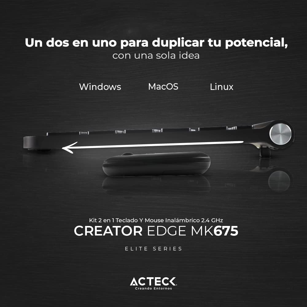 ACTECK Combo Multidispositivo 2 en 1 Creator Inspire Edge MK675 / Teclado + Mouse 2.4Ghz+BT Ultra Delgado + 2xBat AAA Incluida Grafito Elite Series