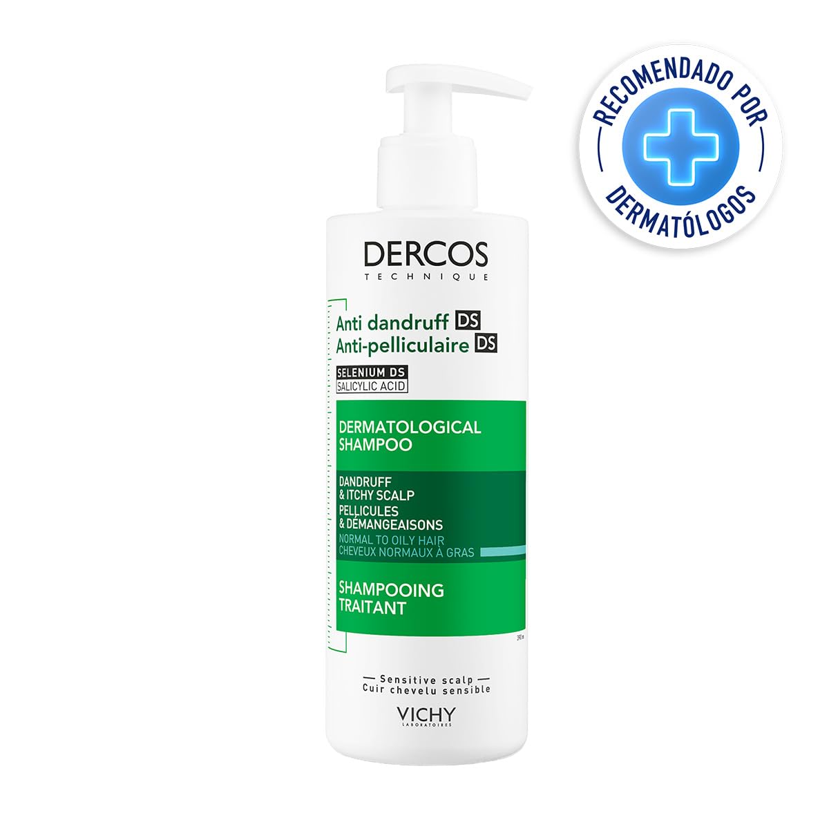 Vichy Dercos Shampoo Dermatológico Anti-Caspa Cabello Normal a Graso 390ml | Elimina 100% de Caspa Visible y su Reaparición, Reduce Comezón desde 1er Uso, con Ácido Salicílico y Selenio DS