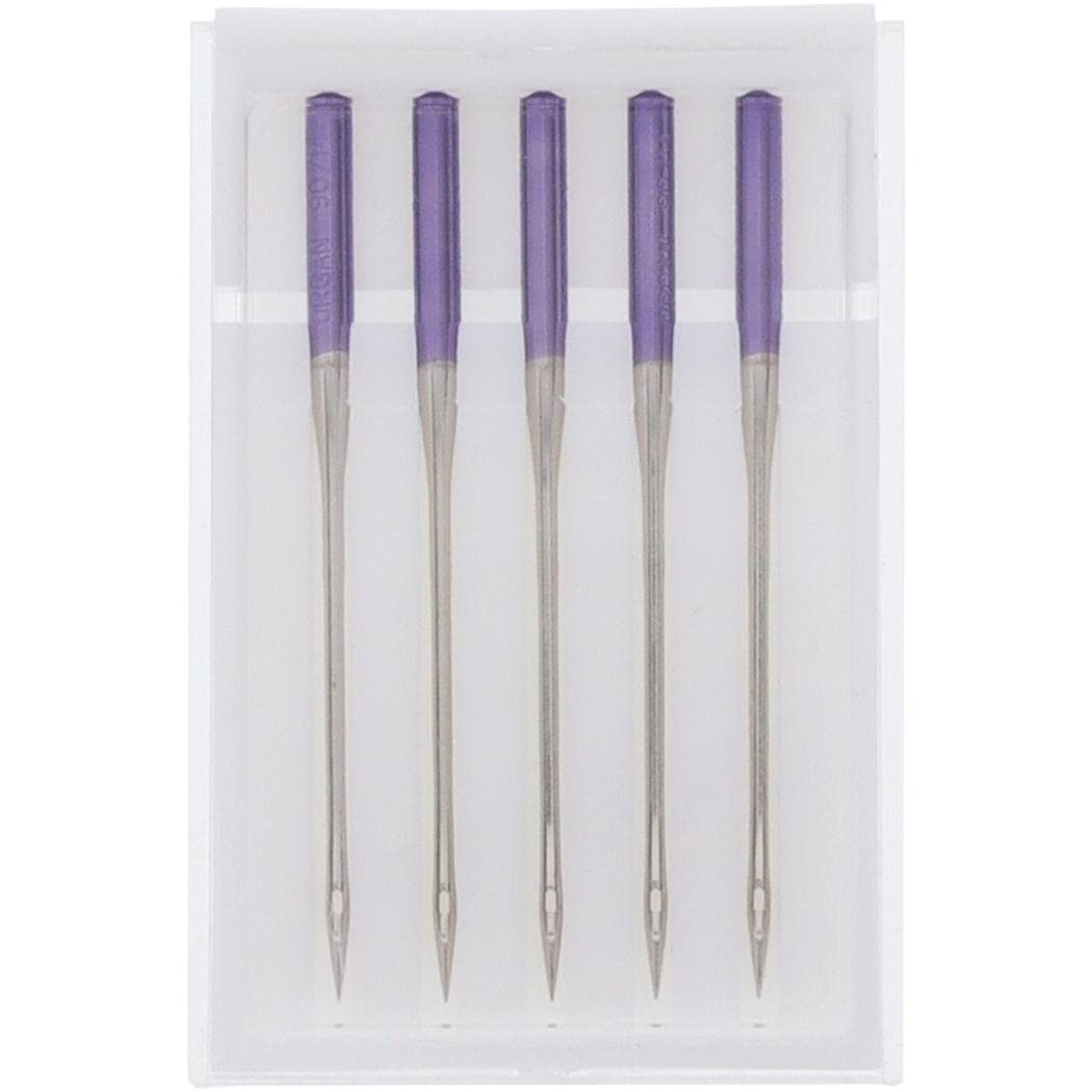 Agujas Janome Punta Morada para Máquina de Coser, Tamaño 90/14 – 5 Piezas, Ideales para Telas Elásticas y Capas de Edredón