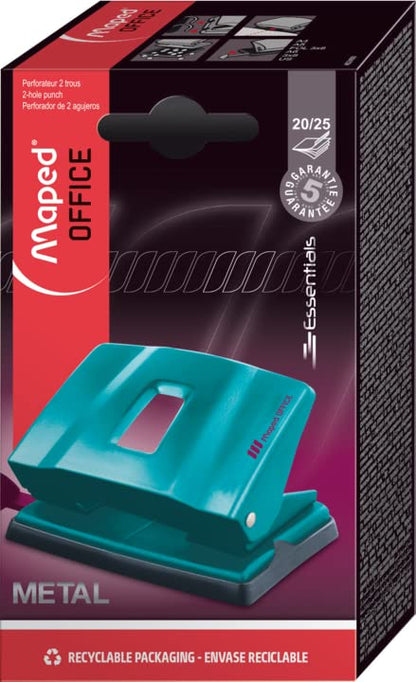 Maped Office Essentials - Perforadora de 2 agujeros para 20 a 25 hojas, mecanismo 100% de metal con tira y reserva de confeti