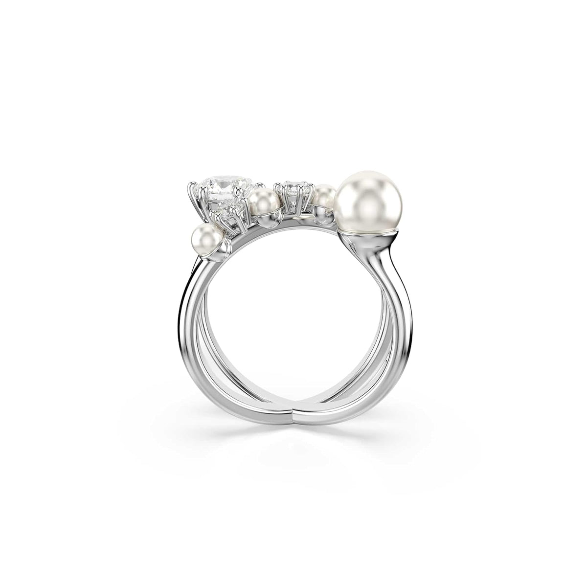 Swarovski Anillo de cóctel Matrix, Perla de cristal, Talla redonda, Blanco, Baño de rodio