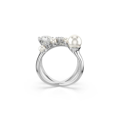 Swarovski Anillo de cóctel Matrix, Perla de cristal, Talla redonda, Blanco, Baño de rodio