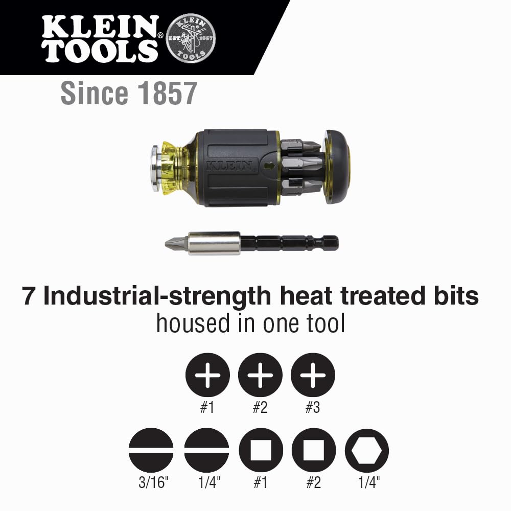 Klein Tools 32308F Juego de destornilladores de impacto 10 en 1, juego de destornilladores rechonchos hexagonales, 7 bits, función de sujeción de puntas de 1/4 pulgadas, 10 piezas