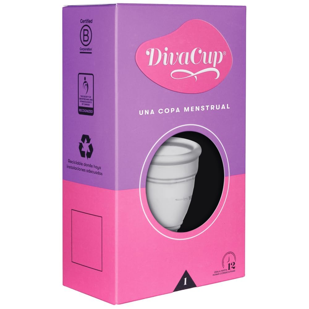 DivaCup Copa Menstrual Reutilizable Modelo 1 – 100% Silicona Médica, Hasta 12 Horas de Protección, Sin BPA ni Látex, Ecológica y Cómoda para Uso Diario