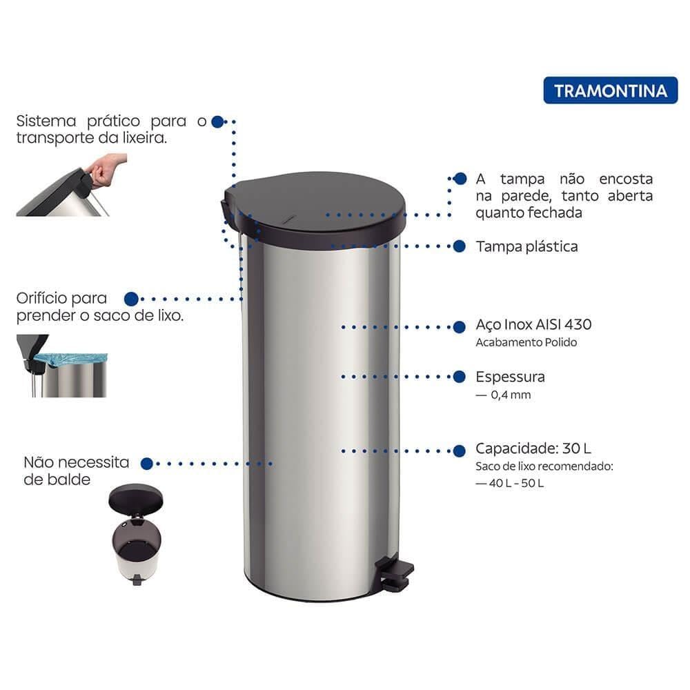 TRAMONTINA - Basurero con Pedal 30 L, de Acero Inoxidable, Tapa de Plástico, Higiénico, Práctico y Duradero, con Asa para el Transporte, Ideal para Bolsas de Basura de 40 L hasta 60 L
