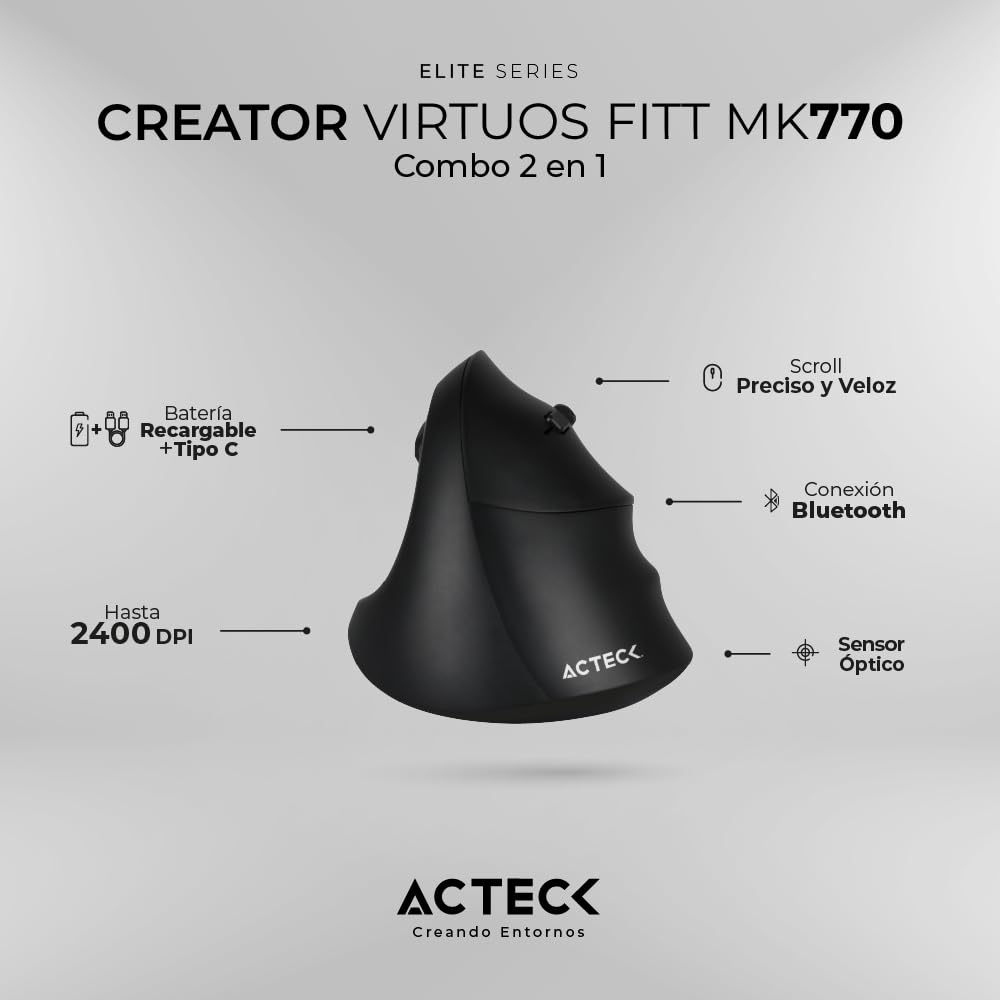 Acteck Kit Teclado y Mouse VIRTUOS Fitt MK770 Inalambrico USB-C Negro AC-936248